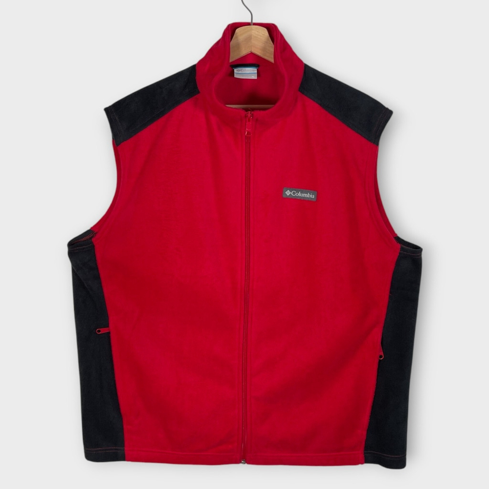 Columbia Fleece Vest Men's XL Red Dark Gray Full Zip Pockets Outdoor Hiking EUC